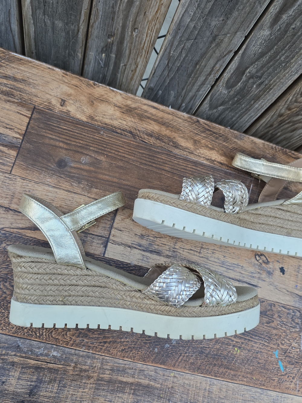 Woven Metallic Espadrille Wedge Sandals Gold Size 8 - Picture 1 of 13